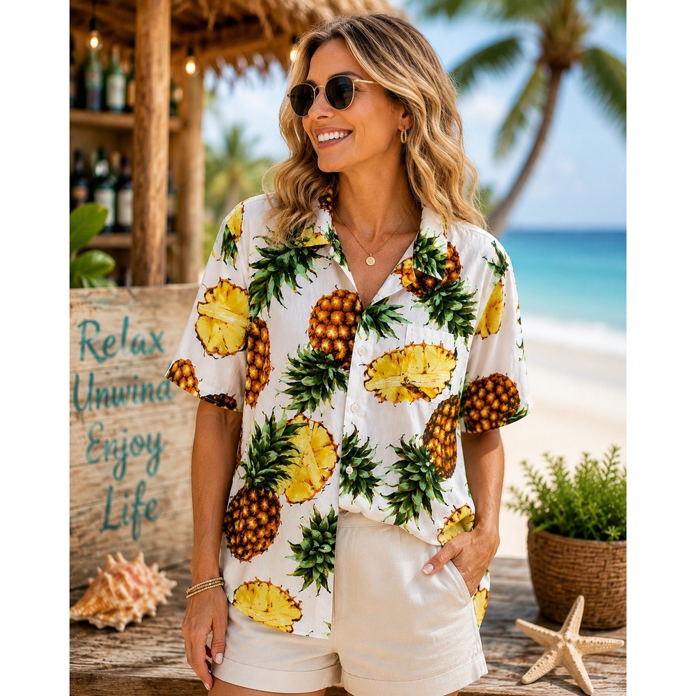 SSLR Women's XL Pineapple Hawaiian Shirt 100% Cotton Tropical Button Up Aloha